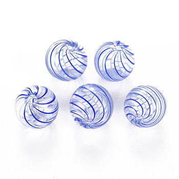 Transparent Handmade Blown Glass Globe Beads, Stripe Pattern, Round, Blue, 13~14.5mm, Hole: 1~2mm