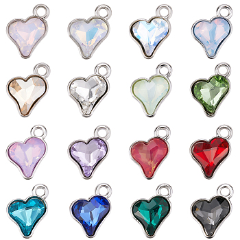 64Pcs 16 Colors Glass Charms, Heart Charms, with Alloy Findings, Faceted, Platinum, 13.5x9.5~10x4~4.5mm, Hole: 1.8mm, 4pcs/color