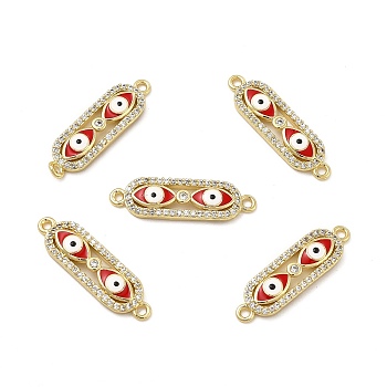 Brass Micro Pave Clear Cubic Zirconia Connector Charms with Enamel, Oval Links with Evil Eye, Real 18K Gold Plated, Red, 24.5x7x2.8mm, Hole: 1.4mm