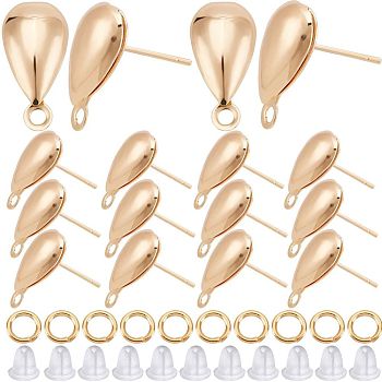 30Pcs Brass Stud Earring Findings, with Horizontal Loops, Teardrop, Nickel Free, 30Pcs Open Jump Rings & 100Pcs Plastic Ear Nuts, Real 18K Gold Plated, 17x8.5mm, Hole: 1.8mm, Pin: 0.8mm