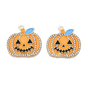 Halloween Theme Rack Plating Alloy Enamel Pendants, with Rhinestone, Cadmium Free & Lead Free, Light Gold, Pumpkin Charm, Orange, 25.5x26.5x2.5mm, Hole: 2mm