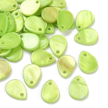 Spray Painted Natural Freshwater Shell Teardrop Charms, Lime, 10x7~7.5x1.5~1.8mm, Hole: 1.2mm