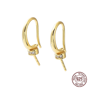 925 Sterling Silver Micro Pave Cubic Zirconia Earring Hooks, Ear Wire with Pinch Bails, for Half Drilled Bead, with S925 Stamp, Real 18K Gold Plated, 19.5x4mm, Pin: 0.7mm