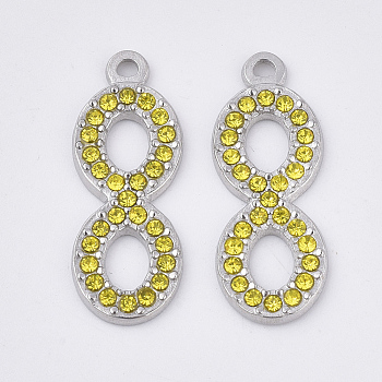 304 Stainless Steel Pendants, with Rhinestone, Number 8, Citrine, 26x10x2mm, Hole: 1.6mm