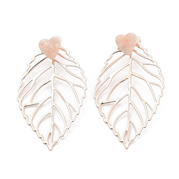 Rack Plating Brass Stud Earrings, with Cellulose Acetate(Resin), Cadmium Free & Lead Free, Long-Lasting Plated, Leaf, Rose Gold, 53x31mm