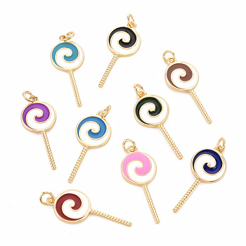 Brass Enamel Pendants, with Jump Ring, Cadmium Free & Nickel Free & Lead Free, Lollipop, Real 16K Gold Plated, Mixed Color, 30x12.5x1.5mm, Jump Ring: 5x1mm, 3mm inner diameter
