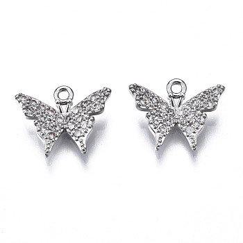 Brass Micro Pave Clear Cubic Zirconia Charms, Butterfly, Platinum, 11x13.5x1.5mm, Hole: 1.2mm