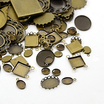 Brass Cabochon Settings, Mixed Shapes, Nickel Free, Antique Bronze, 5~47x5~32x1~3mm, Tray: 4~41x4~31mm