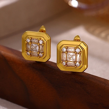Brass Micro Pave Clear Cubic Zirconia Hoop Earrings for Women, Square, Golden, 15.5x14x15mm