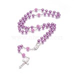 Glass Imitation Pearl Rosary Bead Necklace for Easter, with Alloy Crucifix Cross Pendants and Iron Chains, Purple, 29.5 inch(75cm), Pendant: 147x23.5x8~10mm(NJEW-WH0005-06)