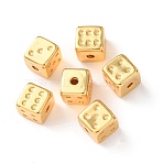 Brass Beads, Dice, Rack Plating, Long-Lasting Plated, Cadmium Free & Lead Free, Real 24K Gold Plated, 7.5x7.5x7.5mm, Hole: 1.8mm(KK-C157-56G)