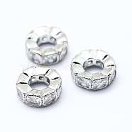 Brass Micro Pave Cubic Zirconia European Beads, Large Hole Beads, Flat Round, Platinum, 10x3.5mm, Hole: 4mm(X-ZIRC-L070-35P)