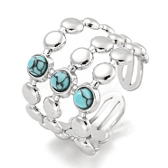 304 Stainless Steel Synthetic Turquoise Cuff Rings, Round Wide Band Open Rings for Women Men, Stainless Steel Color, 15mm, Inner Diameter: Adjustable(G-Z056-05P-03)