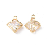 Brass Charms, with Glass, 4-Petal Flower Charm, Real 18K Gold Plated, 15x12.5x5mm, Hole: 1.4mm(KK-I702-42G)
