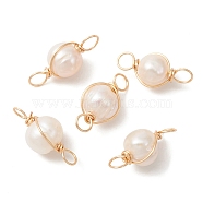 Natural Cultured Freshwater Pearl Connector Charms, Round Links with Real 18K Gold Plated Eco-Friendly Copper Wire Wrapped, Floral White, 16x7.5x7mm, Hole: 2.5mm(PALLOY-YW0001-39)