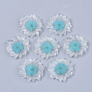 Transparent Clear Epoxy Resin Cabochons, with Dried Flower Inside, Flower, Dark Turquoise, 32~35x6mm(CRES-N025-02D)