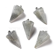 Natural Labradorite Pendants, with Platinum Tone Brass Findings, Faceted Cone, 25~28x15~16x13~14mm, Hole: 2x6mm(G-F714-02B)