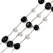 Ion Plating(IP) 304 Stainless Steel Paperclip Chains, with Natural Dyed & Heated Black Agate Beaded and ABS Plastic Pearl, Real 18K Gold Plated, 11x7x4x5mm, about 32.81 Feet(10m)/Roll(CHS-D037-01L)