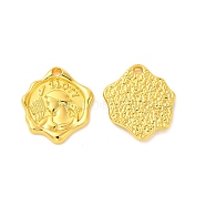 Rack Plating Alloy Pendants, Cadmium Free & Lead Free, Flower Charms with Man pattern, Golden, 20x18x2.5mm, Hole: 1.8mm(FIND-G044-33G)