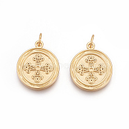 Brass Pendants, Lead Free & Cadmium Free, Flat Round with Cross, Matte Gold Color, 18.5x16x2mm, Hole: 3.5mm(X-KK-O118-13MG)