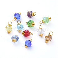 Electroplate Faceted Glass Charms, with Alloy Flower Daisy Spacer Beads and Brass Findings, Rondelle, Golden, Mixed Color, 13.5x7.5~8mm, Hole: 3mm(PALLOY-JF00454-M)