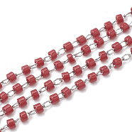TOHO Japan Import Seed Beads, Handmade Glass Beaded Chains, Soldered, with Spool, with Stainless Steel Findings, Column, Stainless Steel Color, Dark Red, 2mm, about 26.24 Feet(8m)/strand(CHS-S004-05F)