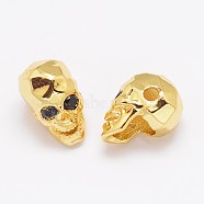 Eco-Friendly Brass Micro Pave Cubic Zirconia Beads, Skull, Lead Free & Nickel Free & Cadmium Free, Real 18K Gold Plated, 13x8x9.5mm, Hole: 2mm(ZIRC-P017-11G-NR)