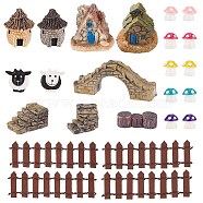Succulent Micro Landscape Dollhouse Ornaments, including Resin Imitation Stone House, Bridge, Stairs, Imitation Wood Stumps, Fences, Sheeps, Mushrooms, Mixed Color, 10~47x11~105x4~40mm, 26pcs/bag(DJEW-GF0001-55)