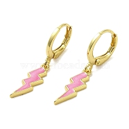 Lightning Bolt Real 18K Gold Plated Brass Dangle Leverback Earrings, with Enamel, Pink, 29x5.5mm(EJEW-L268-010G-02)