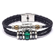 Leather Multi-strand Bracelets, with Malachite, Synthetic Hematite, Alloy Findings and Stainless Steel Clasps, 8-1/8 inch(20.5cm), 13mm(BJEW-F352-09P-02)