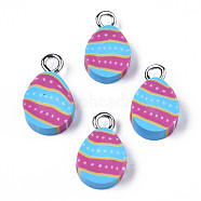 Handmade Polymer Clay Charms, with Platinum Tone Iron Loop, Easter Egg, Deep Sky Blue, 13~14.5x8~9x4~5mm, Hole: 2mm(X-CLAY-S096-017)