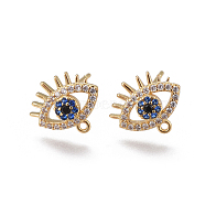 Brass Stud Earring Findings, with Loop, Micro Pave Cubic Zirconia, Eyes, Colorful, Golden, 10x12x2.5mm, Hole: 1mm, Pin: 0.8mm(KK-I650-18G)