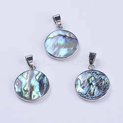 Abalone Shell/Paua Shell Pendants, with Platinum Tone Brass Bail, Flat Round, 25x21x3mm, Hole: 4.5x7mm(SSHEL-L008-04P)