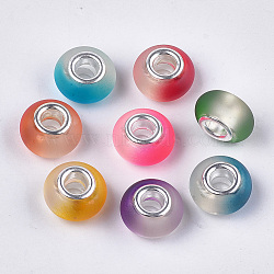 Resin European Beads, Large Hole Beads, with Silver Color Plated Brass Cores, Rubberized Style, Rondelle, Mixed Color, 14x8mm, Hole: 5mm(X-RPDL-S013-10)