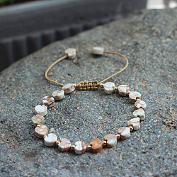 Bohemian Dyed Natural Imperial Jasper Heart Bead Braided Bead Bracelets for Women, with Brass Beads and Wax Cord, White, 5.91~9.84 inch(15~25cm)(FS-WG782CA-01)
