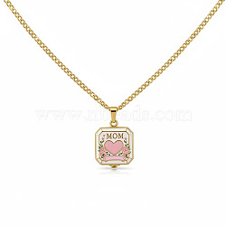 Mother's Day Brass Enamel Pink Heart Mom Openable Square Locket Pendant Necklaces for Women, Real 18K Gold Plated, 17.72 inch(45cm)(WGB75E5-01)