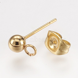 304 Stainless Steel Stud Earring Findings, with Loop, Real 24K Gold Plated, 15x7mm, Hole: 1.7mm, Pin: 0.8mm, Ball: 4mm(X-STAS-P148-07G)