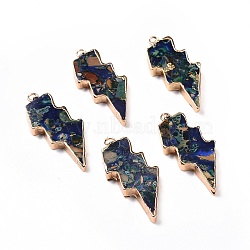 Dyed Natural Imperial Jasper Pendants, Lightning Bolt Charms, with Golden Tone Brass Findings, Midnight Blue, 39.5x16.5x4mm, Hole: 1.8mm(G-P490-03G-01)