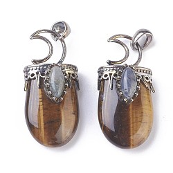 Natural Tiger Eye Pendants, with Brass Findings, Oval, Antique Silver, 44~46x20~21x16~17mm, Hole: 5x7mm(G-F639-09C)