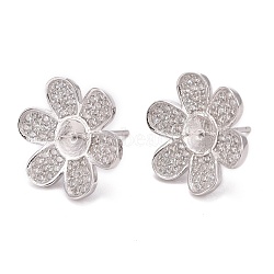 925 Sterling Silver Stud Earring Findings, with Cubic Zirconia, For Half Drilled Beads, Flower, Clear, Platinum, 15.8x15.8mm, Pin: 0.7mm and 0.75mm, Tray: 5mm(STER-L055-017P)