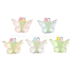 Transparent Resin Pendants, Butterfly with Tulip Flower Bouquet Charm, with Platinum Iron Loop, Mixed Color, 18x23x7mm, Hole: 2mm(RE-CBAA178-05P)