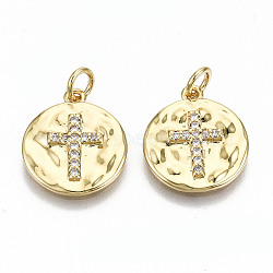 Hammered Brass Micro Pave Clear Cubic Zirconia Pendants, with Jump Rings, Nickel Free, Flat Round with Cross, Real 16K Gold Plated, 17x15x2mm, Jump Ring: 5x0.8mm, 3.4mm inner diameter(ZIRC-S067-139-NF)