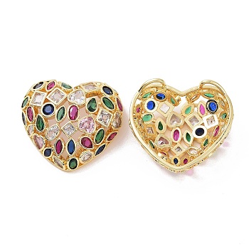 Brass Micro Pave Cubic Zirconia 2-Loop Pendants, Hollow Heart Charm, Real 18K Gold Plated, 30x33x13mm, Hole: 2.5x5.5mm