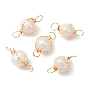 Natural Cultured Freshwater Pearl Connector Charms, Round Links with Real 18K Gold Plated Eco-Friendly Copper Wire Wrapped, Floral White, 16x7.5x7mm, Hole: 2.5mm