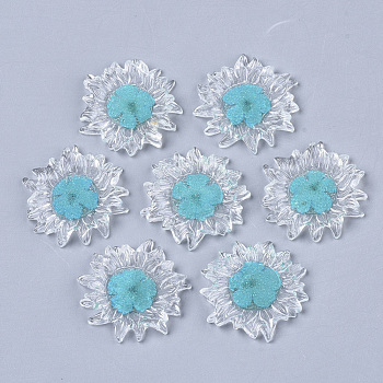 Transparent Clear Epoxy Resin Cabochons, with Dried Flower Inside, Flower, Dark Turquoise, 32~35x6mm