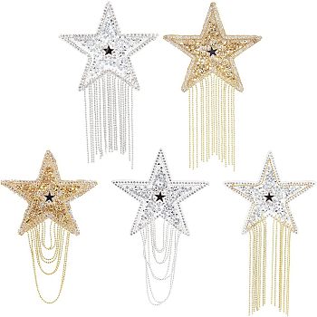 5Pcs 5 Style Glitter Enamel Hotfix Crystal Rhinestone, with Iron Ball Chains, Iron on Patches, Dress Shoes, Garment Decoration, Tassels, Star, Mixed Color, 1pc/style