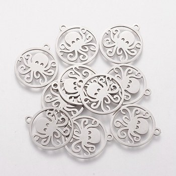 201 Stainless Steel Pendants, Flat Round with Octopus, Stainless Steel Color, 22.5x20x1.1mm, Hole: 1.5mm