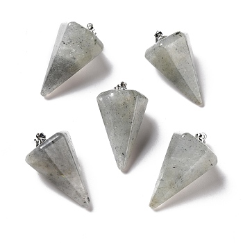 Natural Labradorite Pendants, with Platinum Tone Brass Findings, Faceted Cone, 25~28x15~16x13~14mm, Hole: 2x6mm