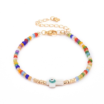 Cross with Evil Eye Beaded Bracelets, with Glass Seed & Brass & Natural Freshwater Shell Beads, 304 Stainless Steel Lobster Claw Clasps & Charms, Colorful, 7-1/4 inch(18.5cm)