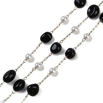 Ion Plating(IP) 304 Stainless Steel Paperclip Chains, with Natural Dyed & Heated Black Agate Beaded and ABS Plastic Pearl, Real 18K Gold Plated, 11x7x4x5mm, about 32.81 Feet(10m)/Roll